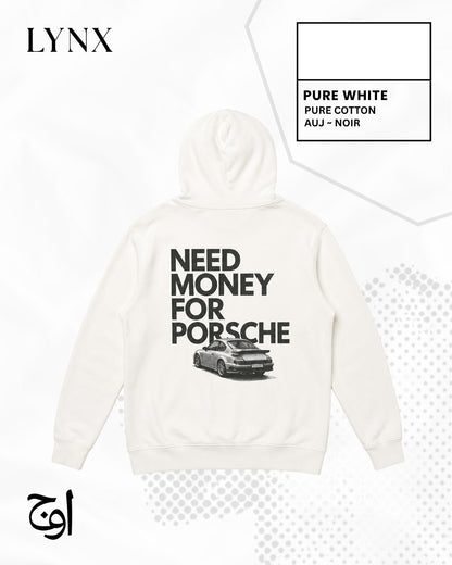 AUJ LYNX Need Money for Porsche Hoodie Pure White Back